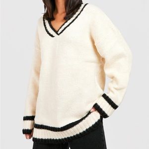 Boohoo Oversized Deep V Knitted Cream Cricket Sweater